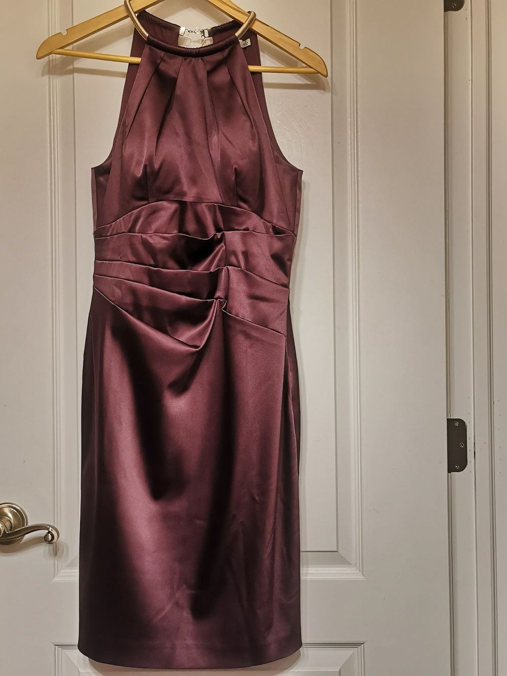 Eliza J Plum High-Neck Satin Midi Dress